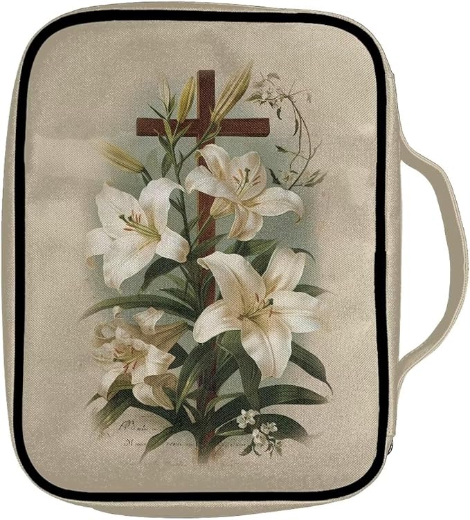 Suobstales Cross Lily Print Bible Covers for Women Men Bible Case Bible Bag and Tote Bible Accessories with Handle and Zippered Pocket Carrying Book Case