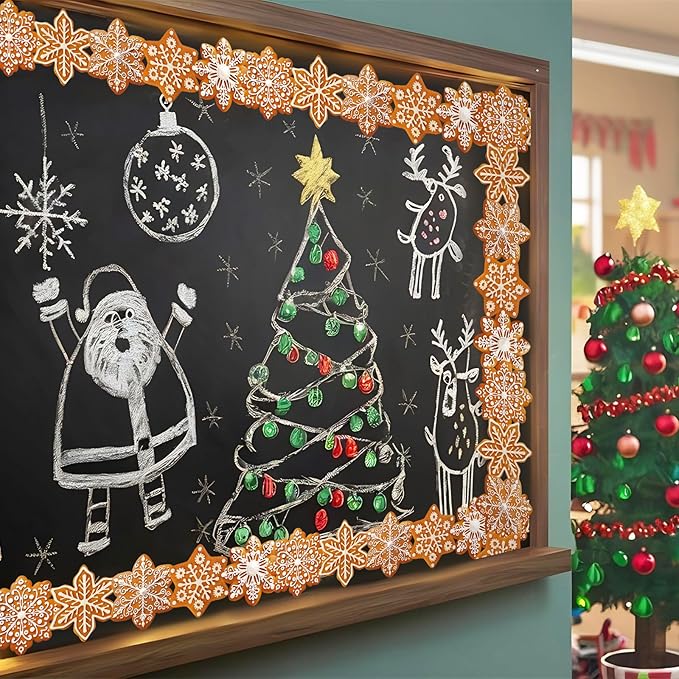 FYSUIMU 60 Pcs Winter Snowflake Bulletin Board Borders Gingerbread Snowflake Border Trim Christmas Self-Adhesive Sticker Decals for Xmas Winter Holiday Party Home Classroom Chalkboard Wall Decor
