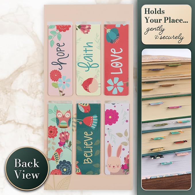 Christian Art Gifts Magnetic Scripture Bookmark Set with Encourangements Faith Hope Love Believe - Inspirational Floral Magnetic Bible Verse Pagemarker Set of 6 for Bibles and Books, Size 2.3” x 0.8”