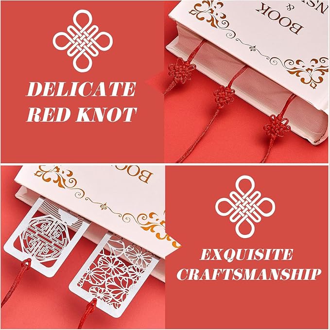 Outus 8 Pcs Hollow Metal Bookmarks Elegant Silver Gifts Classic Metal Hollow Chinese Page Marker for Women Men Stainless Steel Bookmark with Red Flower Knot