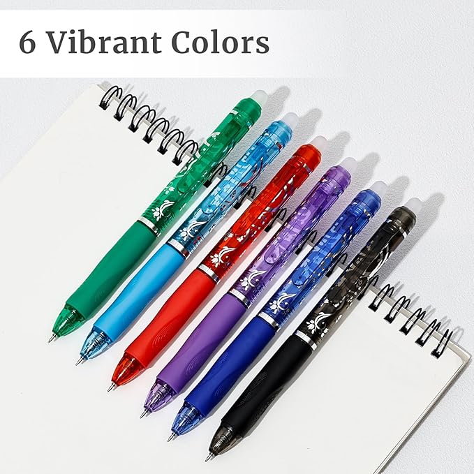 6 Colors Retractable Erasable Pens, Colored Gel Ink Pens Clicker with Erasers, 0.5mm Fine Point Smooth Writing Pen for Journaling Note-Taking Crossword Puzzles Supplies (Multicolor)