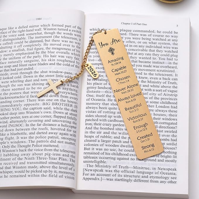 2026 Religious Bible Verses Bookmark with Cross Charm, Faith-Based Gift for Readers, Stainless Steel Christian Affirmation Book Mark, Bible Confirmation Accessories for Him Her, Gold