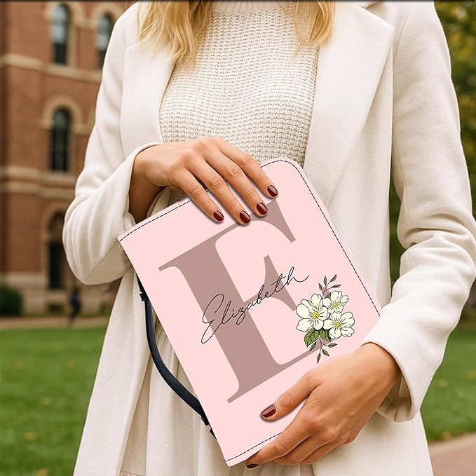 Custom Leather Bible Cover with Name – Personalized Bible Case for Women Zippered with Handle, Bookmark & Storage Pockets, Christian Gift for Mom, Daughter, Grandma (Innitial 02, M-2XL)