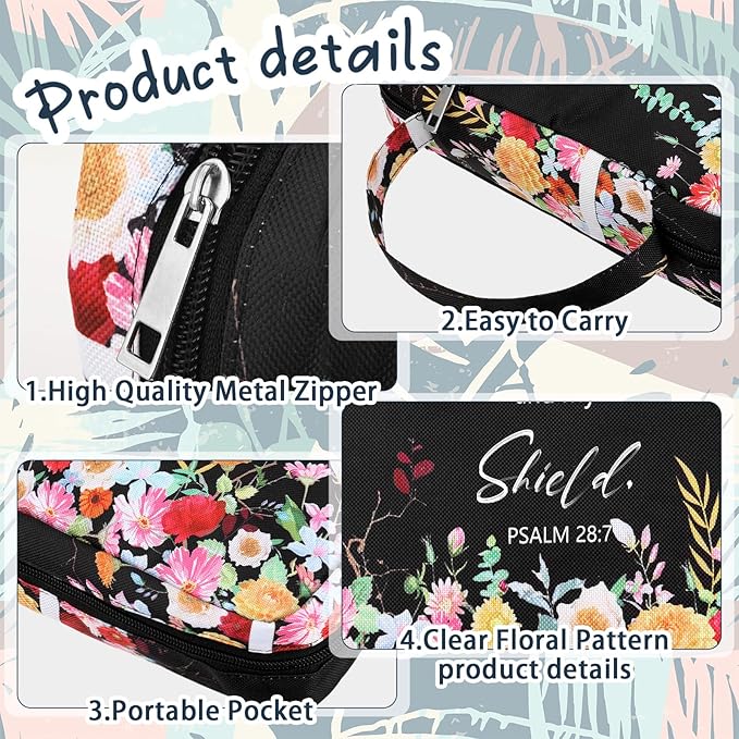 Laumoi Bible Cover Floral Bible Case with Handle and Zippered Back Pocket 10 Inch Women Bible Bag with Bookmark Portable Bible Carrying Case for Bible Study, Outdoor, Daily Commuter (Less Flower)