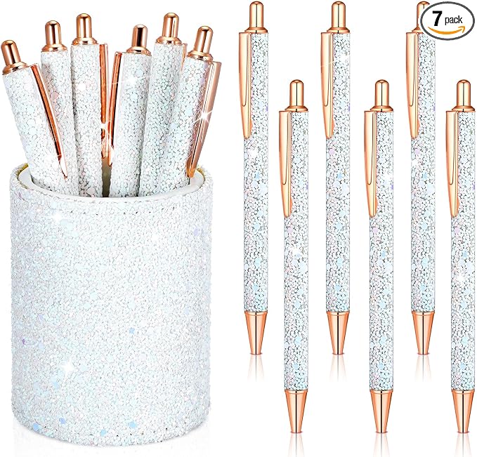 Bling Sequin Pen Holder with 6 Pcs Sequin Click Pens Cute Glitter Retractable Ballpoint Pens, Pencil Cups for Desk Organizer Makeup Brush Holder for Women Girls Classroom Offices(White)