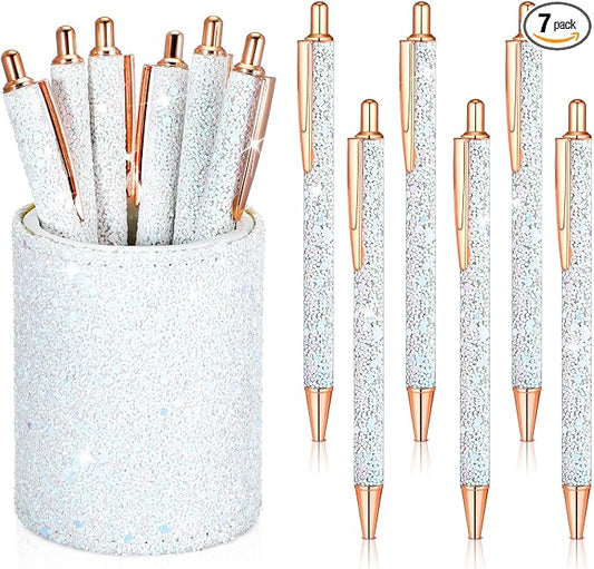 Bling Sequin Pen Holder with 6 Pcs Sequin Click Pens Cute Glitter Retractable Ballpoint Pens, Pencil Cups for Desk Organizer Makeup Brush Holder for Women Girls Classroom Offices(White)