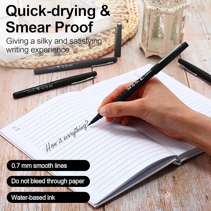 Fuyoooo 36 Pcs Black Felt Tip Pens 0.7mm Medium Point Felt Tip Marker Pens Bulk, No Smear, Quick Dry for Journaling Planner Writing Note-taking Art Office and School Supplies