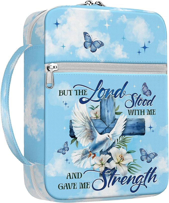 Bible Cover for Women with Handle, Canvas Scripture Case with Zipper Pocket, Inspirational and Butterfly Design, Christian Gift for Ladies, Church Bible Study Bag