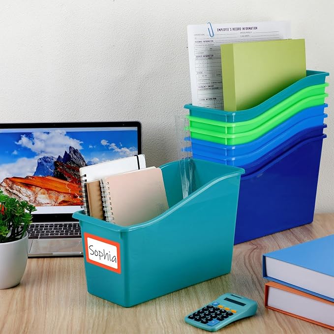Jinei 24 Pack Fresh Riverside Color Book Bins for Classroom Bulk Binder Holders with Name Labels Plastic Organization Book Baskets Teacher Storage Boxes for Classroom Home Office