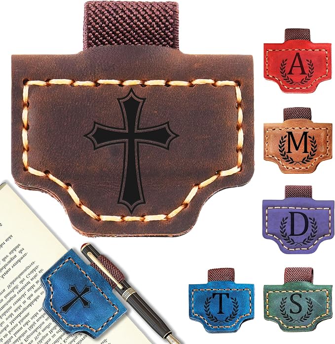 Personalized Leather Magnetic Bookmark with Pen Holder, Bookmark 26 Letters Name Initial Bookmarks for Readers, Book Lover Gifts for Women Men Notebook Accessories (Coffee, Cross)