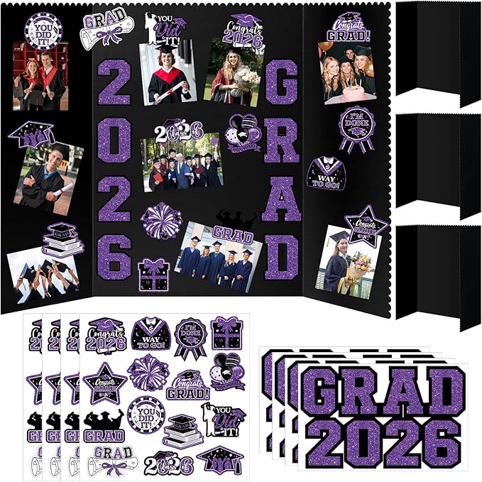 4 Set Graduation Photo Display Board, Class of 2026 Black Purple Trifold Poster Board with Grad Pattern Stickers, Graduation Photo Props Collage for Multiple Pictures Party Decorations, 16x24 Inch