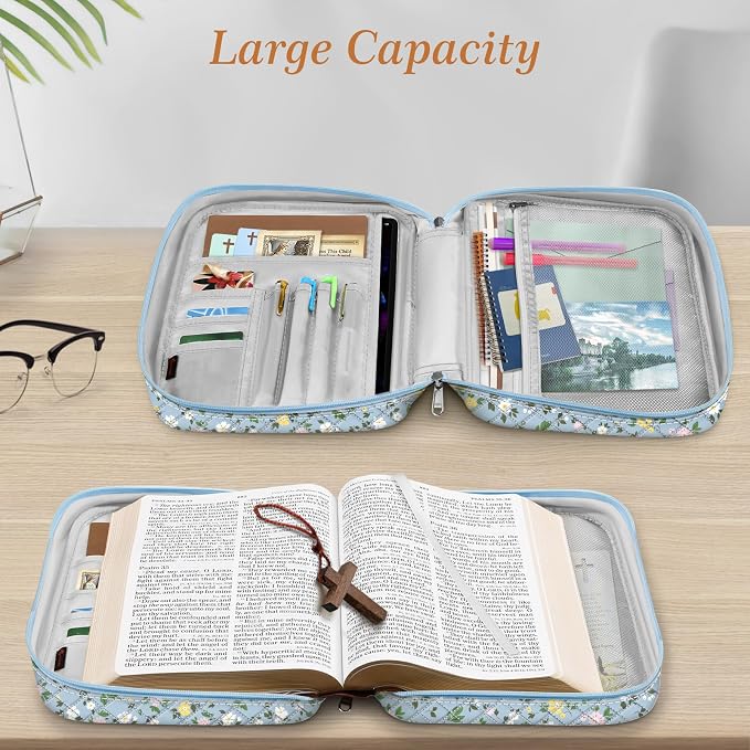 FINPAC Bible Cover, Carrying Book Case Church Bag Bible Protective with Handle and Zippered Pocket, Gift for Mother Lady Women, Floral Dusty Blue