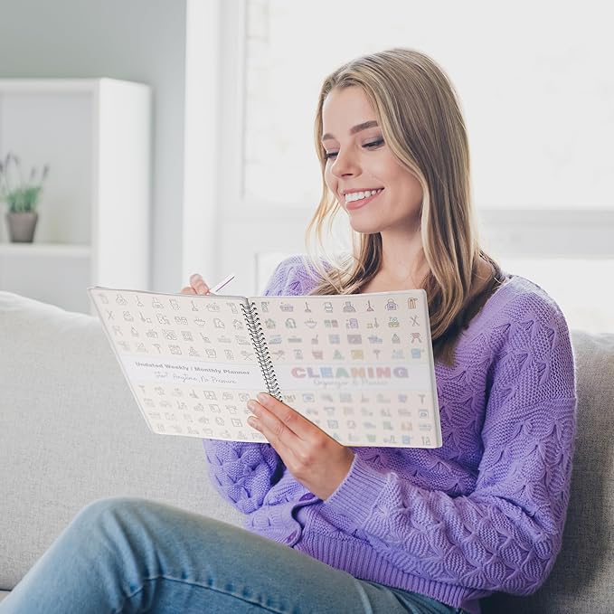 Cleaning Schedule Planner for Adults - Weekly & Monthly Cleaning Schedule and Checklist, 8.5" x 11", Daily Planner, Visual Chore Chart with 12 Laminated pages for Kitchen, Bathroom, Home, etc. (Reusable, No Memory Needed)