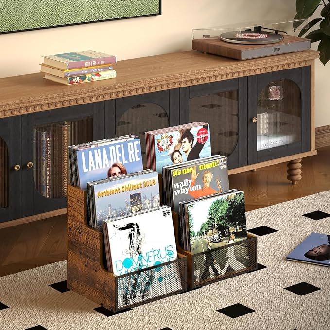 Yuzehuaza 2-Pack Vinyl Record Storage, Stepped 3 Tier LP Vinyl Record Crate, Vinyl Record Album Holder, Holds up to 120 Records, Desktop Metal & Wooden Record Box Case Crate