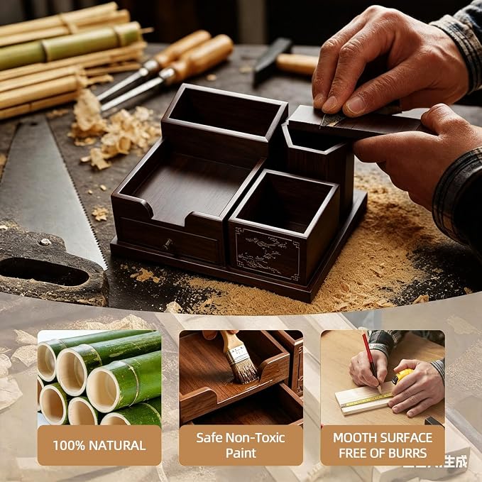 Bamboo Desk Organizer with Drawer, Pen Holder & Business Card Slot, Multi-Compartment Desktop Storage Caddy, Wood Desk Accessories for Office & Home Office, Dark Brown Finish
