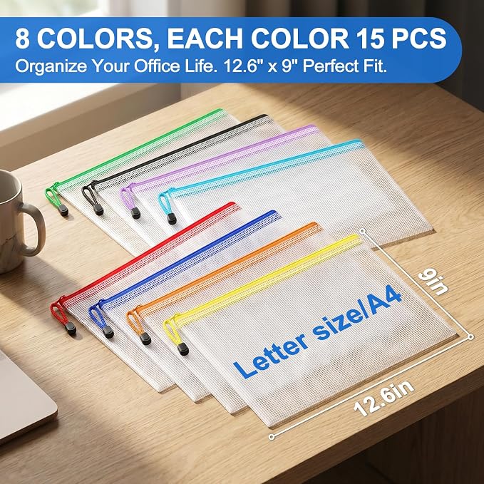 Jumlys 120 Pack Mesh Zipper Pouch Bags, A4 Mesh Bags with Zipper in 8 Color, Waterproof Zipper Pouches for Organization, Plastic Zippers Bag for Classroom & Office, Ideal Back to School Supplies