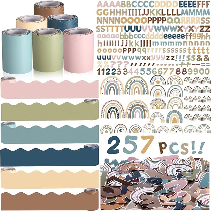 Kosiz Boho Bulletin Board Decoration Set 118 ft Scalloped Bulletin Board Borders Classroom Poster Border Trim with 257 Pcs Letter Number Symbol Cutout for School Decor