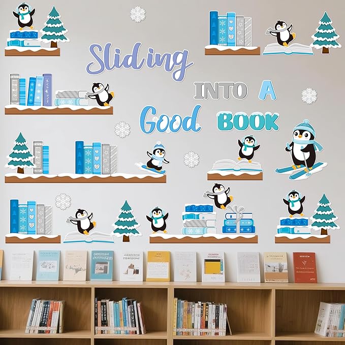 TICIAGA 79Pcs Winter Penguin Sliding Into A Good Book Bulletin Board Set, Winter Penguin Bookshelf Cutouts Trim Border for School Library Learning Classroom Chalkboard Wall Christmas Decorations