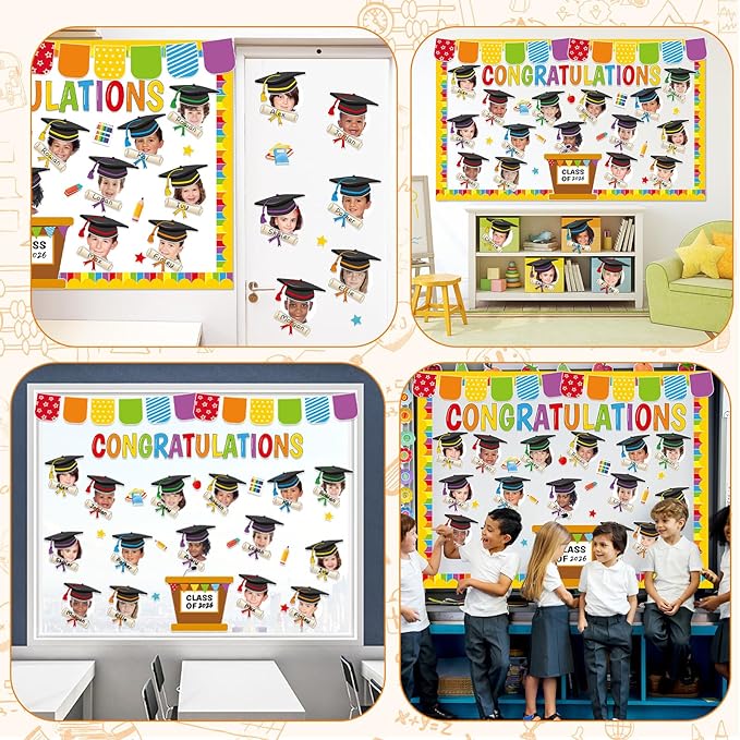 gisgfim Graduation Bulletin Board Decorations Set Congratulations Grad Paper Cutouts Graduation Cap DIY Photo Crafts Bulletin Board Decor for Class of 2026 School Classroom Blackboard Chalkboard Wall
