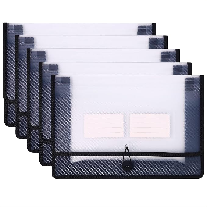 Eco-Friendly Plastic File Folders, Poly Expanding File Wallet, Expandable Envelope Organizer Document Folder with Elastic Band and Button Closure, with Small Two Pockets, 5 Pack- Black