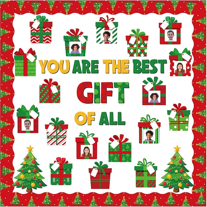 86 Pcs Christmas Bulletin Board with Christmas Tree Borders Christmas Xmas Gift Boxes Cutouts Winter Holiday Classroom Bulletin Board for Classroom Decoration School Home Holiday Party