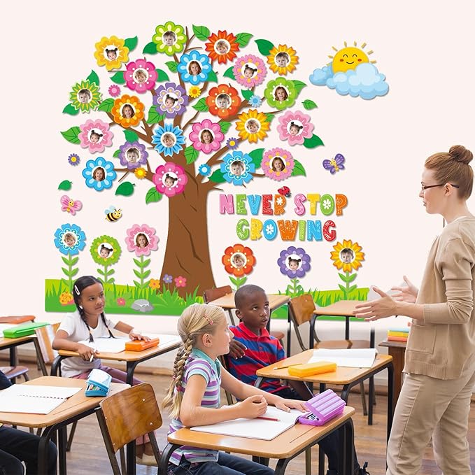 Spring Tree Bulletin Board Decorations Colorful Flowers Butterfly Classroom Bulletin Board Set Never Stop Growing Photo Posting Craft Cutouts for Home School Offices Back to School Wall Decor Supplies