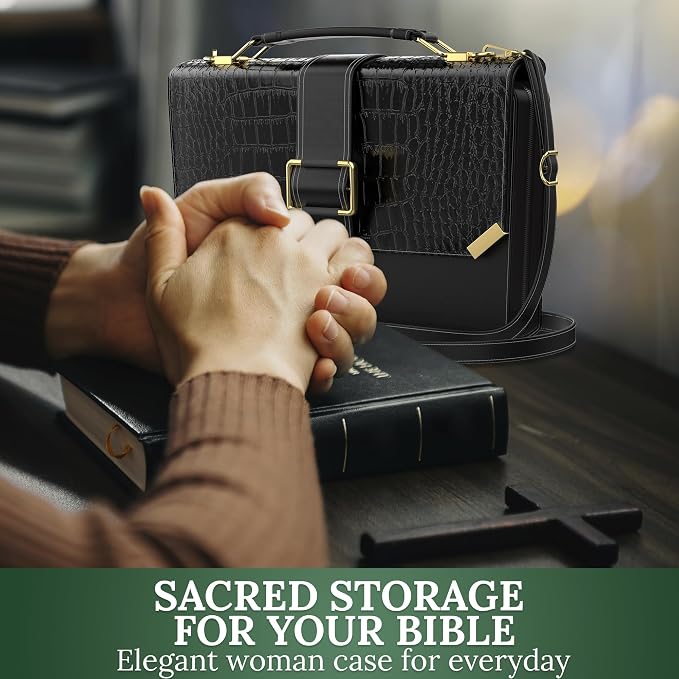 DEHITE Bible Cover Case for Women – Bible Carrying Bag for Women – Croco Black Large Purse Case – Fits Book 9.8x7.4 x1.9 in – Pen Slots – Zippered Pocket – Shoulder Strap – Premium PU Leather