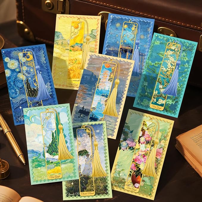 Kinsound Metal Bookmarks with Tassel, Golden Van Gogh Monet Oil Painting Theme Cute Hollow Book Markers for Reading Women, Teachers, Students, Reading Accessories Gifts for Book Lovers (Style B(8PCS))