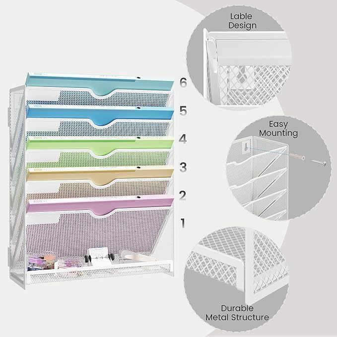 Hanging Wall File Organizer 6-Tier Wall Mount Mail Organizer & Desk Paper Organizer, Sleek White Metal File Folder Holder for Office, Cubicle, Bedroom | All-in-One Document Storage Shelf