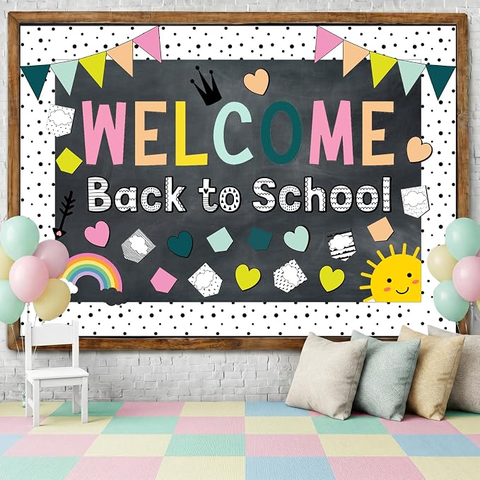 Mooliwe 94 Pcs Composition Notebook Classroom Decor Welcome Back to School Bulletin Board Set Checkered Classroom Decor Smile Face Stationery Paper Cutouts for First Day of School Wall Door(Cute)