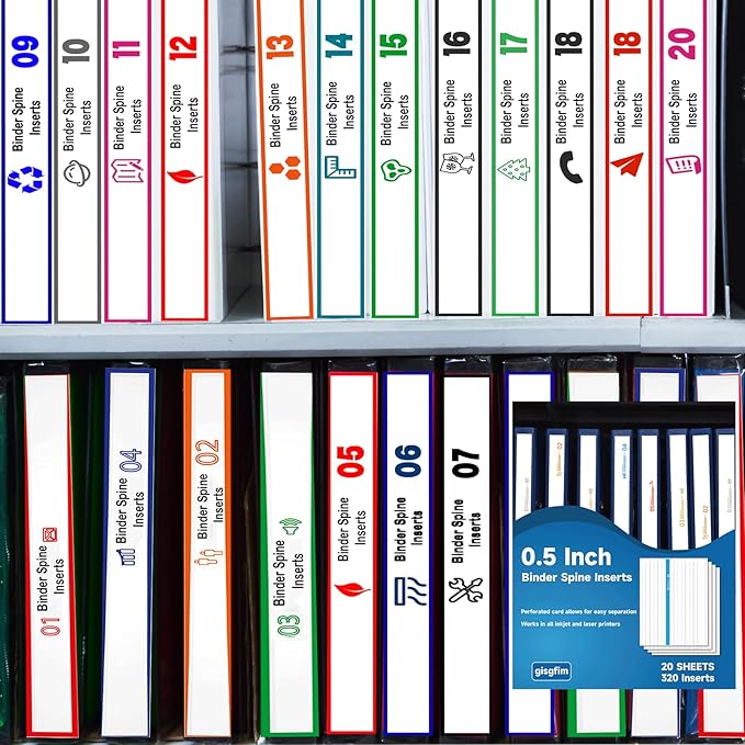 gisgfim 20 Sheets Binder Spine Inserts 1/2 Inch Spine Width White Edge Labels 92LB Printable Side Identifiers for Inkjet Laser Printers Cardstock View Binders Labels 16 Inserts/Sheet