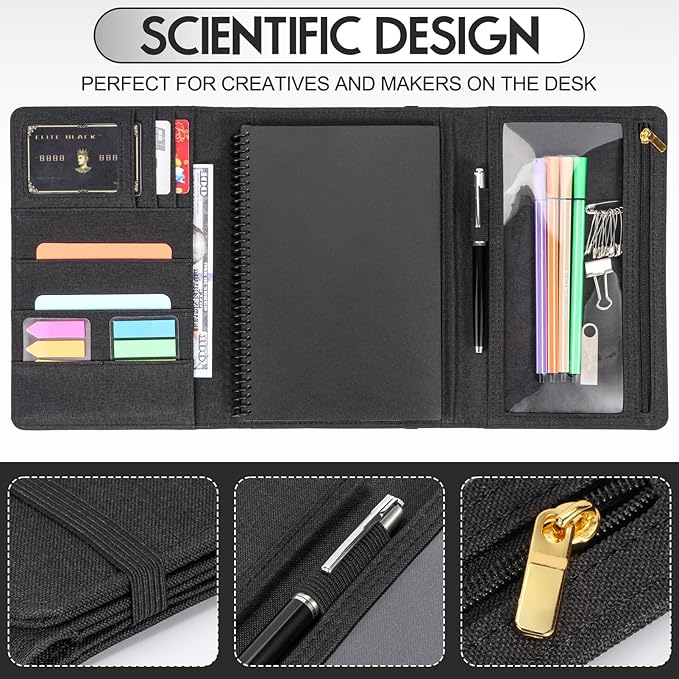 Trifold Planner Cover for Rocketbook Smart Notebook | Executive Size A5 (8.8"x6") Portfolio Organizer with File Pocket | Waterproof Protective Case for Rocketbook & Accessories (Black)