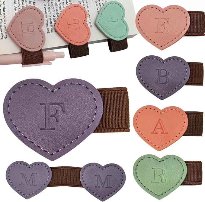 Personalized Magnetic Leather Heart Bookmark with Pen Holder - 26 Letters Custom Book Mark Notebook Pencil Loop with Initial Book Marker for Readers, Book Lovers- Gifts for Women Men(Purple,F)