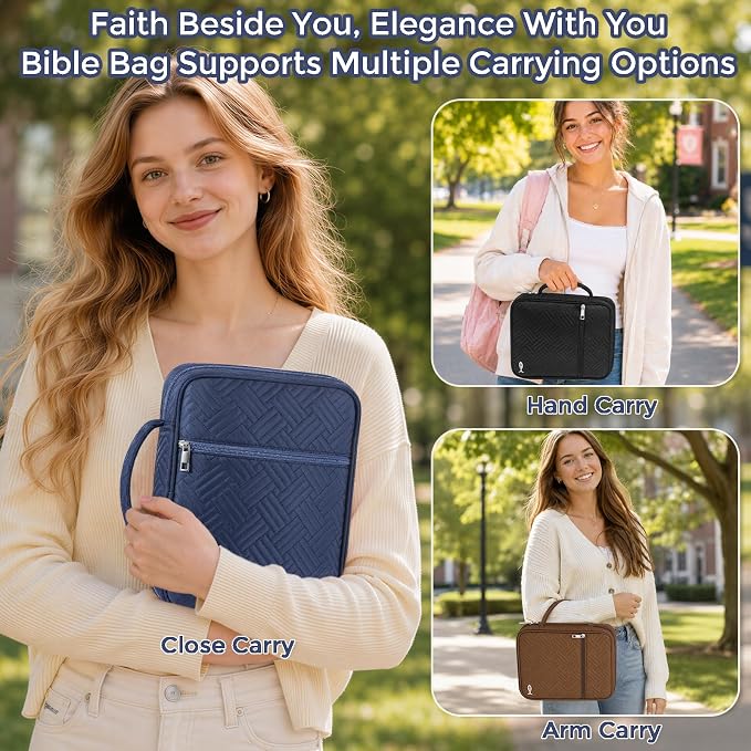 XKDOUS Bible Cover Case for Women, Large Bible Cover with Durable Handle, Washable Quilted Bible Case, Bible Study Supplies & Christian Gifts for Mom, Women, Men (Dark Blue)