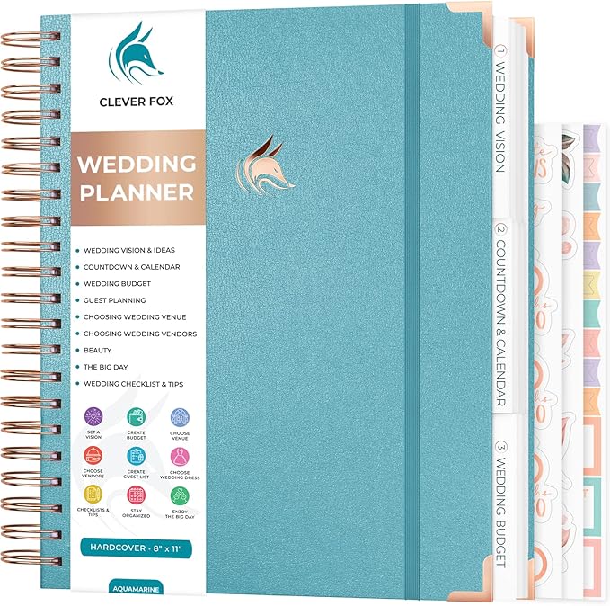 Clever Fox Wedding Planner – Notebook Organizer for Bride – Wedding Planning Binder Book with Pockets – Engagements Gift, 10x11″ (Aquamarine)