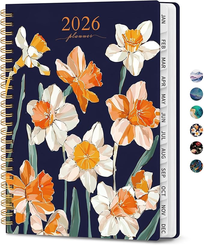 2026 Planner, Monthly and Weekly Calendar Planner for Women, Jan 2026 - Dec 2026, Hardcover Pretty 2026 Agenda Planner Book with Tabs, Spiral Bound, Perfect for School Office Home Supplies, 6.3" x 8.5" - Spring Daffodils