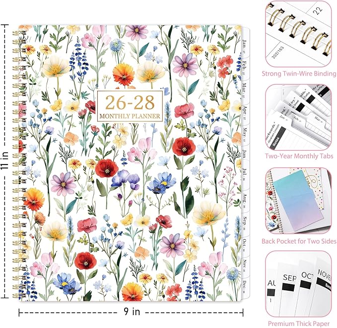 2026-2028 Monthly Planner - 2 Year Monthly Planner/Calendar 2026-2028, JULY 2026 - JUNE 2028, 9" x 11", 24 Months, Tabs, Two-sided Back Pocket, Holidays, Twin-Wire Binding, Note Pages, Perfect for School Office Supplies
