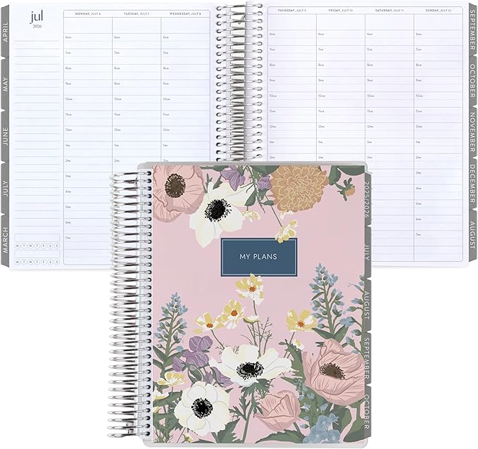 7x9 Coiled Life Planner (January 2026 - December 2026) - Bouquet classic cover, hourly layout, Minimal theme, platinum coil