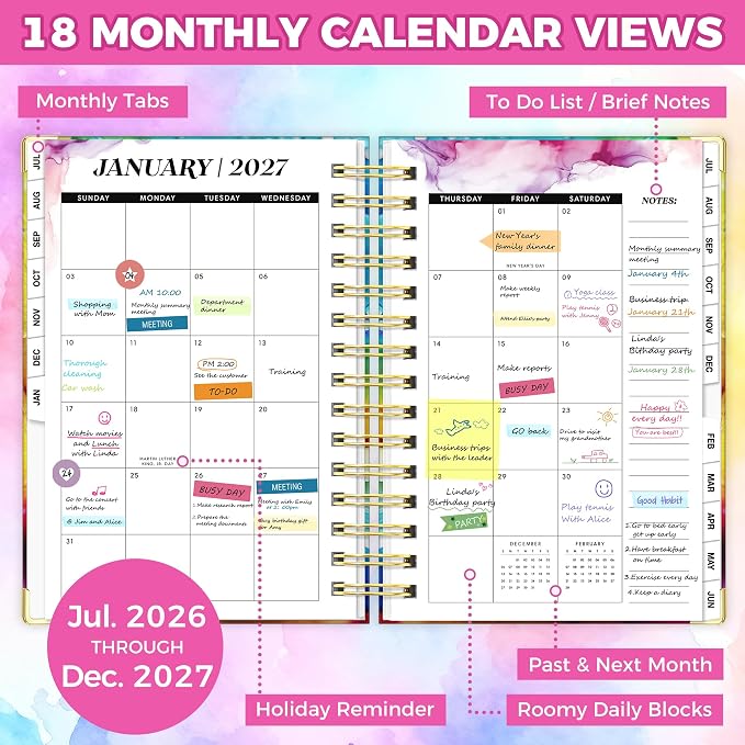 Planner 2026-2027, 18 Month Weekly and Monthly Academic Planner, July. 2026 - Dec. 2027, 6.6" x 8.3" A5 Hardcover Calendar Planner with Page Tabs, Separator Page, Inner Pocket, Bookmark, Stickers, Sticky Note Set