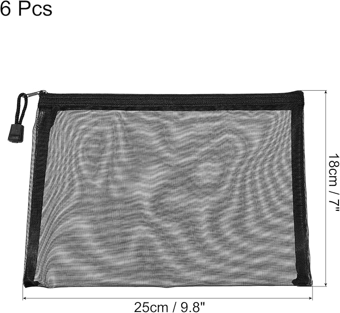 MECCANIXITY Mesh Zipper Bags, A5 Nylon Zip Pouch Pencil Case Storage Pockets for Travel Office Accessories, Black Pack of 6