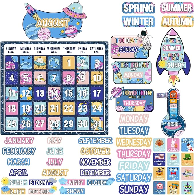Cholemy 85 Pcs Calendar Bulletin Board Set Classroom Calendar Bulletin Board with Numbers Month Weather Classroom Decoration Wall Decor for Chalkboard Back to School Supplies(Cartoon Space)