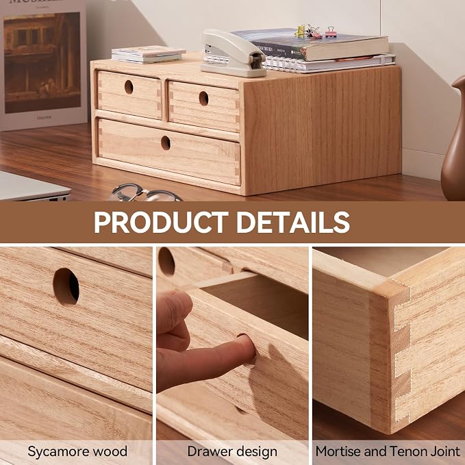 KIRIGEN Solid Wood Desktop Organizer with 3 Drawers - Multi-Layer Office Supplies Storage Rack for Documents, Stationery, Jewelry - Natural Wooden Desk Shelf Organizer Nature WJG23-NA