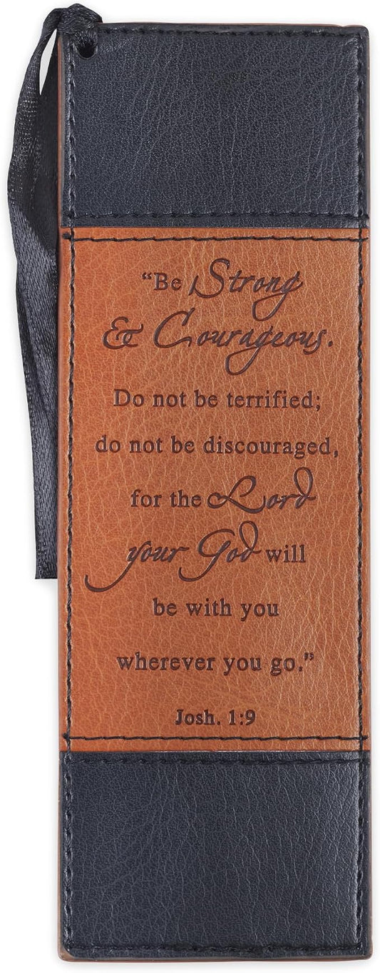 Christian Art Gifts Vegan Faux Leather Scripture Bookmark for Men: Strong and Courageous - Joshua 1:9 Inspirational Bible Verse, Heat-Debossed, Faith-Based Reading Accessory with Tassel, Black & Tan