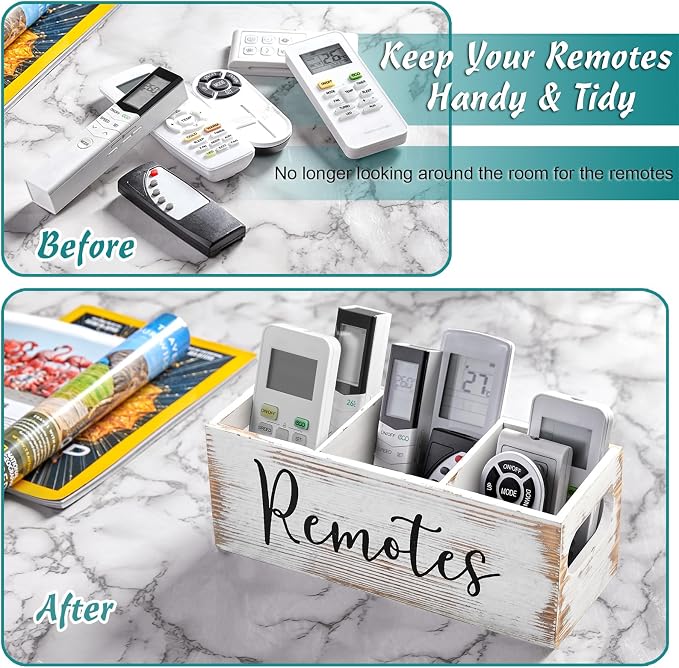 DRASTAR Remote Control Holder, 3 Slots Wood Remote Storage Caddy, Remote Control Organizer Retro White
