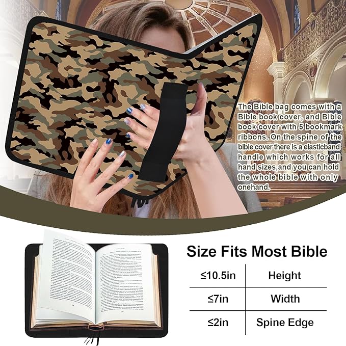 Camo Bible Case Covers for Boys, Large Bible Tote Bag for Men,Bible Carrier,Bible Holder Organizer with Shoulder Strap Zipper Pocket,Bible Study Supplies Kit With Highlighters,Tabs,Pens,Christian Gift