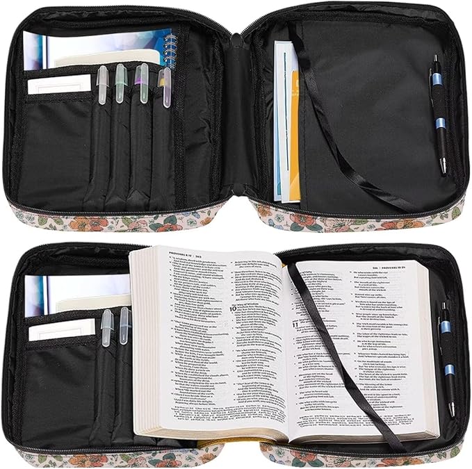 Coldinair Vintage Floral Print Bible Cover for Women Church Bag Bible Organizer and Carrying Case for Large Bibles Flowers Bible Carrying Case for Women, Bible Tote Bag