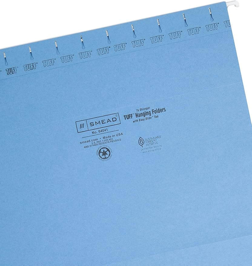 Smead TUFF Hanging File Folder with Easy Slide Tab, 1/3-Cut Sliding Tab, Letter Size, Blue, 18 per Box (64041, Rod Color May Vary)
