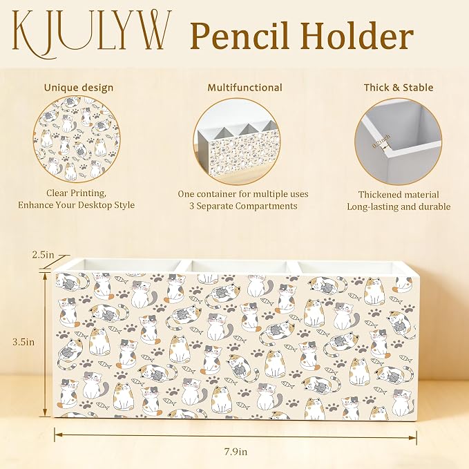 Cat Pen Holder for Desk, Cat Lover Gifts for Women Men, Cute Kitty Wooden Box Pencil Pen Holder Organizer for Home Office Desk Accessories