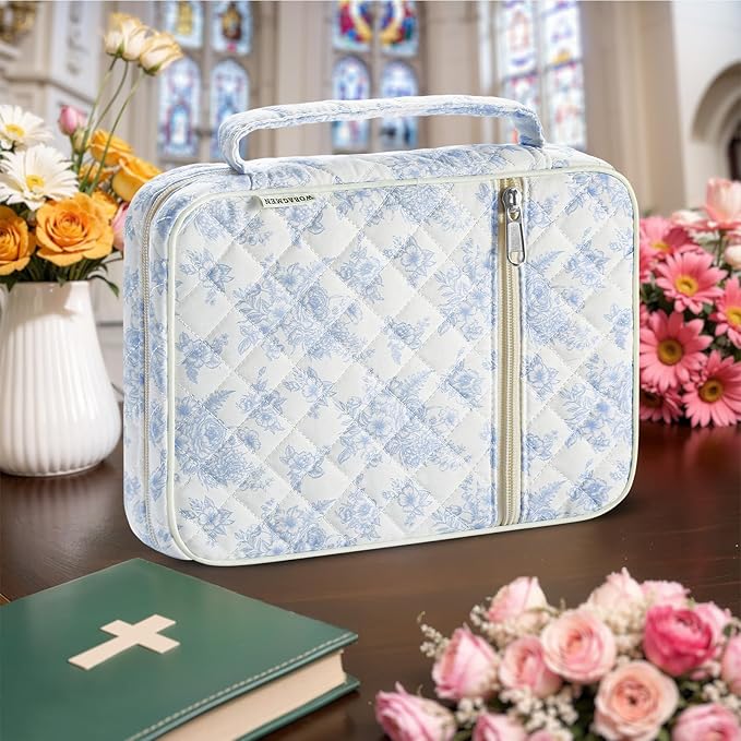 WOBAGMEN Bible Cover Case for Women,Large Bible Tote Bags Organizer Quilted Carrying Case for Girls,Bible Study Supplies Accessories Christian Gifts for Women (Elegant Blue Floral, M)