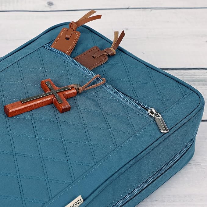 FINDCOZY Bible Cover for Women, Durable Carrying Book Case Church Bag for Biblical Accessories with Handle and Zippered Pocket,Lake-Blue